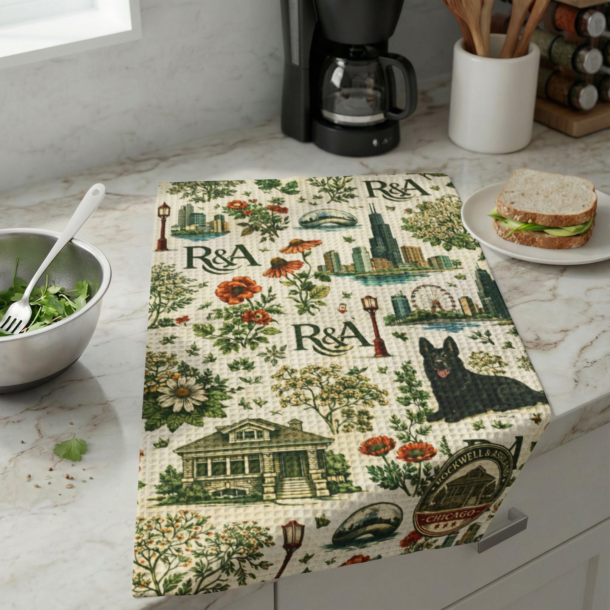 “R&A Bungalow” Waffle Weave Kitchen Towel