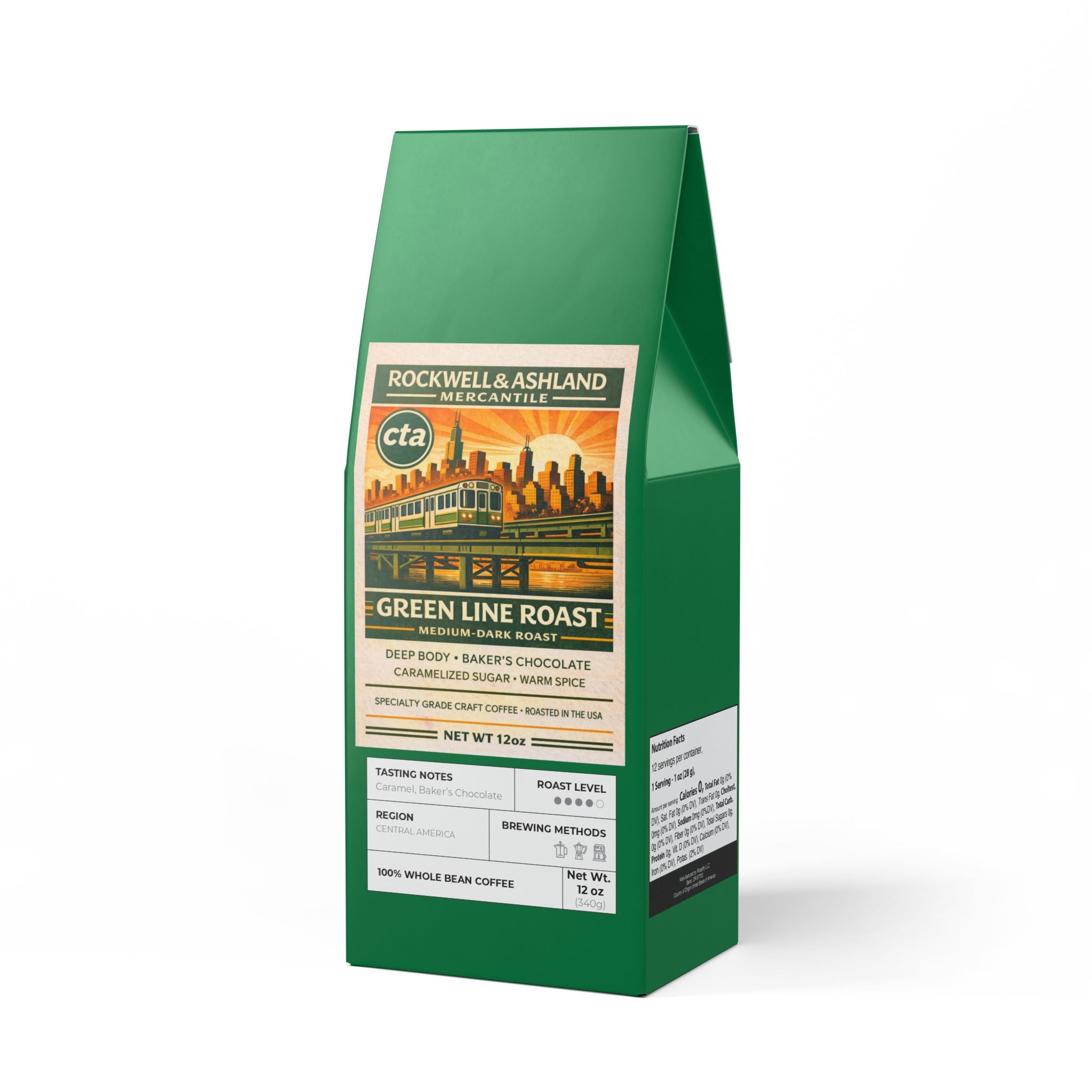 “Green Line Roast” (Medium-Dark Roast, whole bean) Coffee 12oz