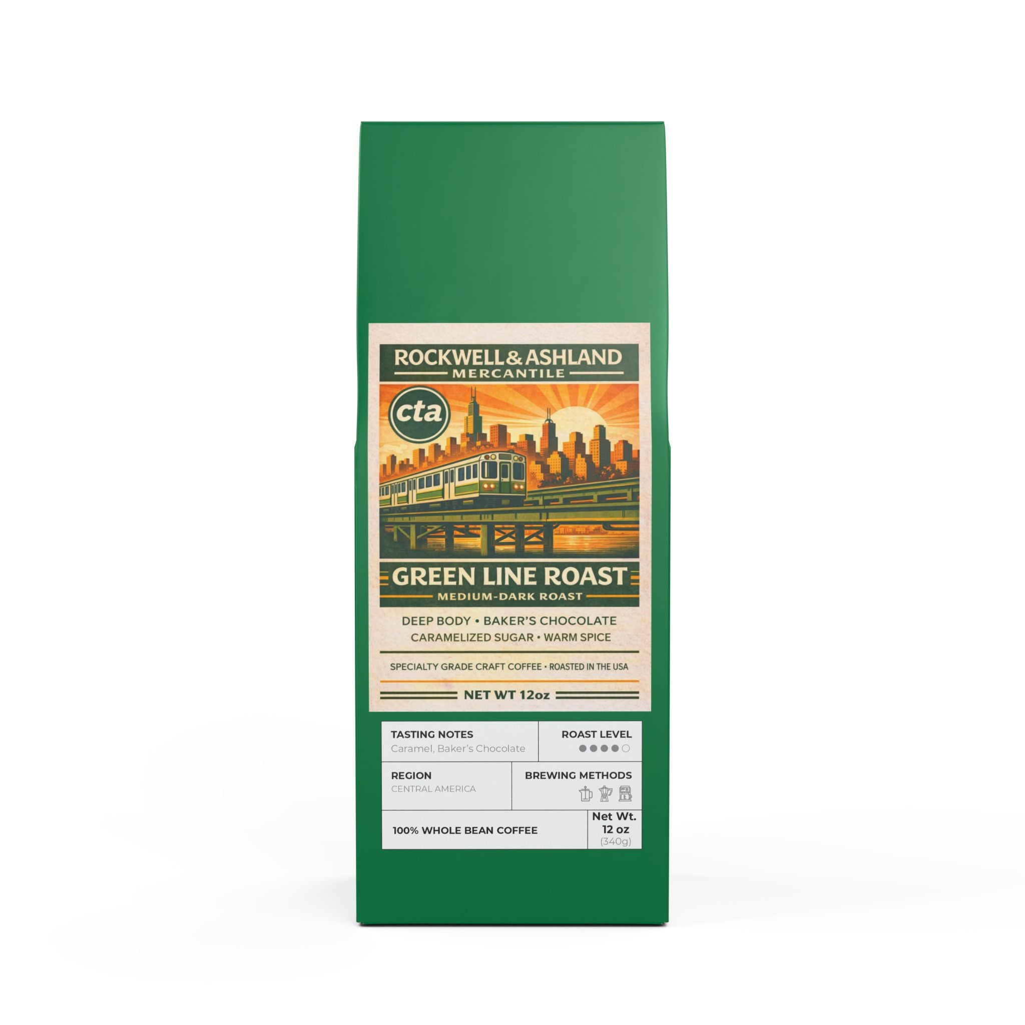 “Green Line Roast” (Medium-Dark Roast, whole bean) Coffee 12oz