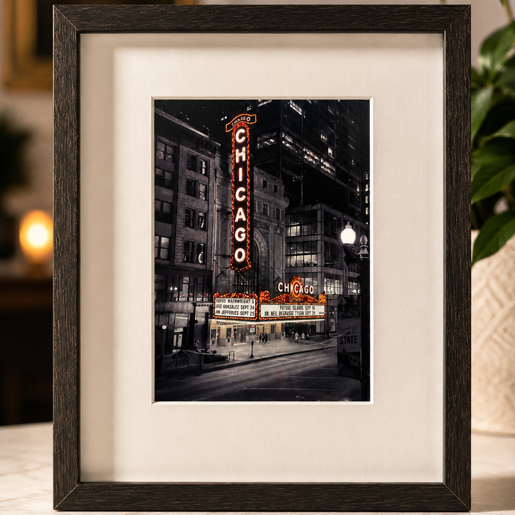 A framed black and white photograph of the Chicago Theatre marquee at night, displayed in a dark wood frame with a white mat on a marble surface.