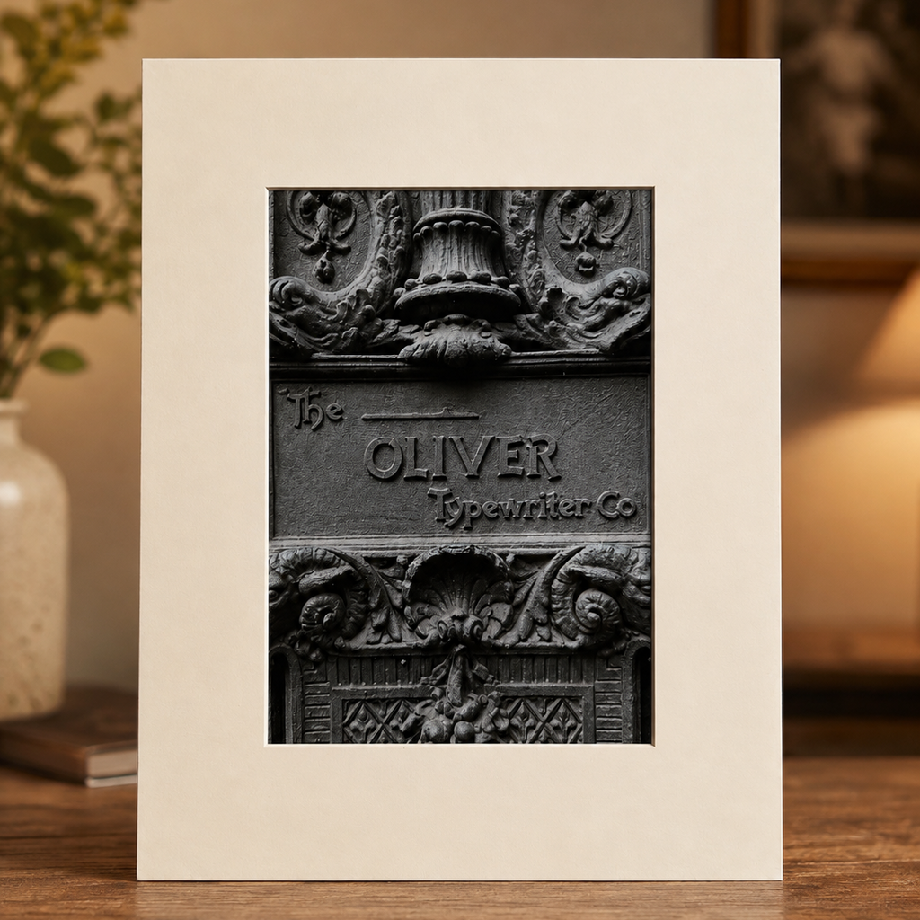A framed black-and-white art print featuring an ornate cast iron sign reading 'Oliver Spawner Co,' displayed on a wooden surface with a blurred indoor background.