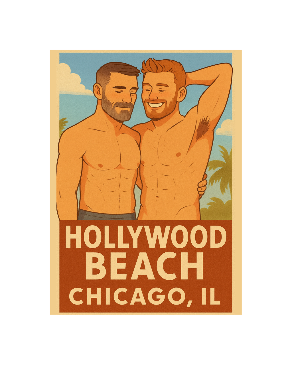 A retro-style travel poster print featuring two shirtless men standing outdoors with palm trees and a blue sky in the background, with large text reading “HOLLYWOOD BEACH CHICAGO, IL” at the bottom.