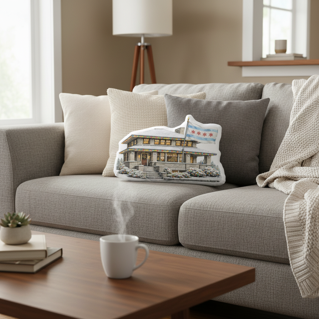 Chicago Holiday Prairie House shaped pillow