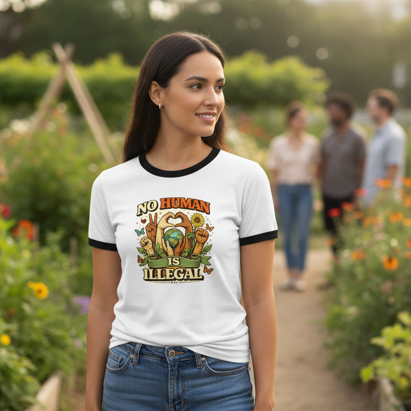 “No Human is Illegal” Unisex ringer t-shirt